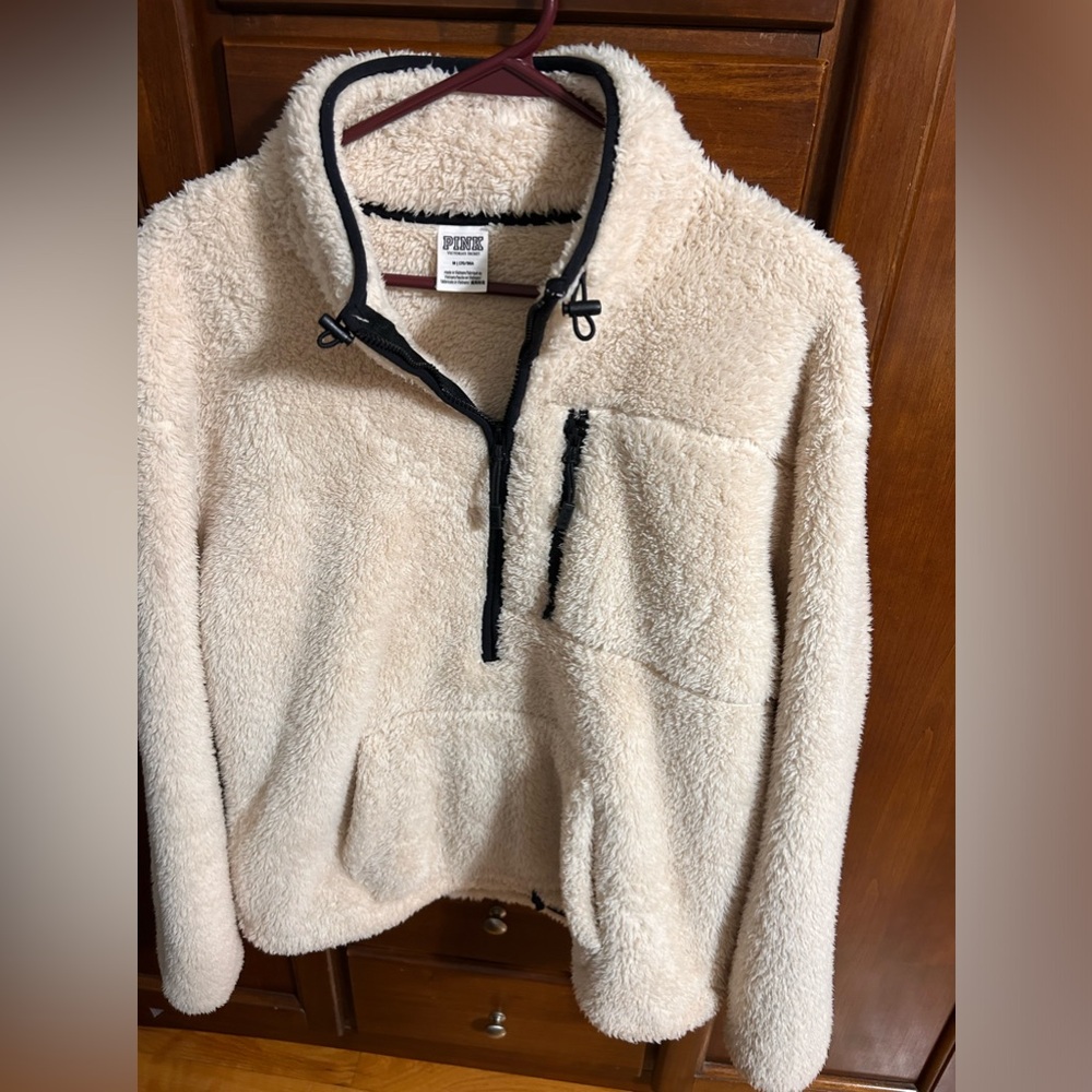Pink Sherpa quarter zip in Cream.